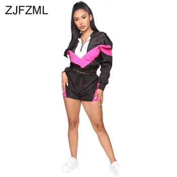 

Striped Sporty 2 Piece Matching Set Sweatsuit Women Hooded Zipper Long Sleeve Elastic Crop Top and Causal Short Pants Track Suit