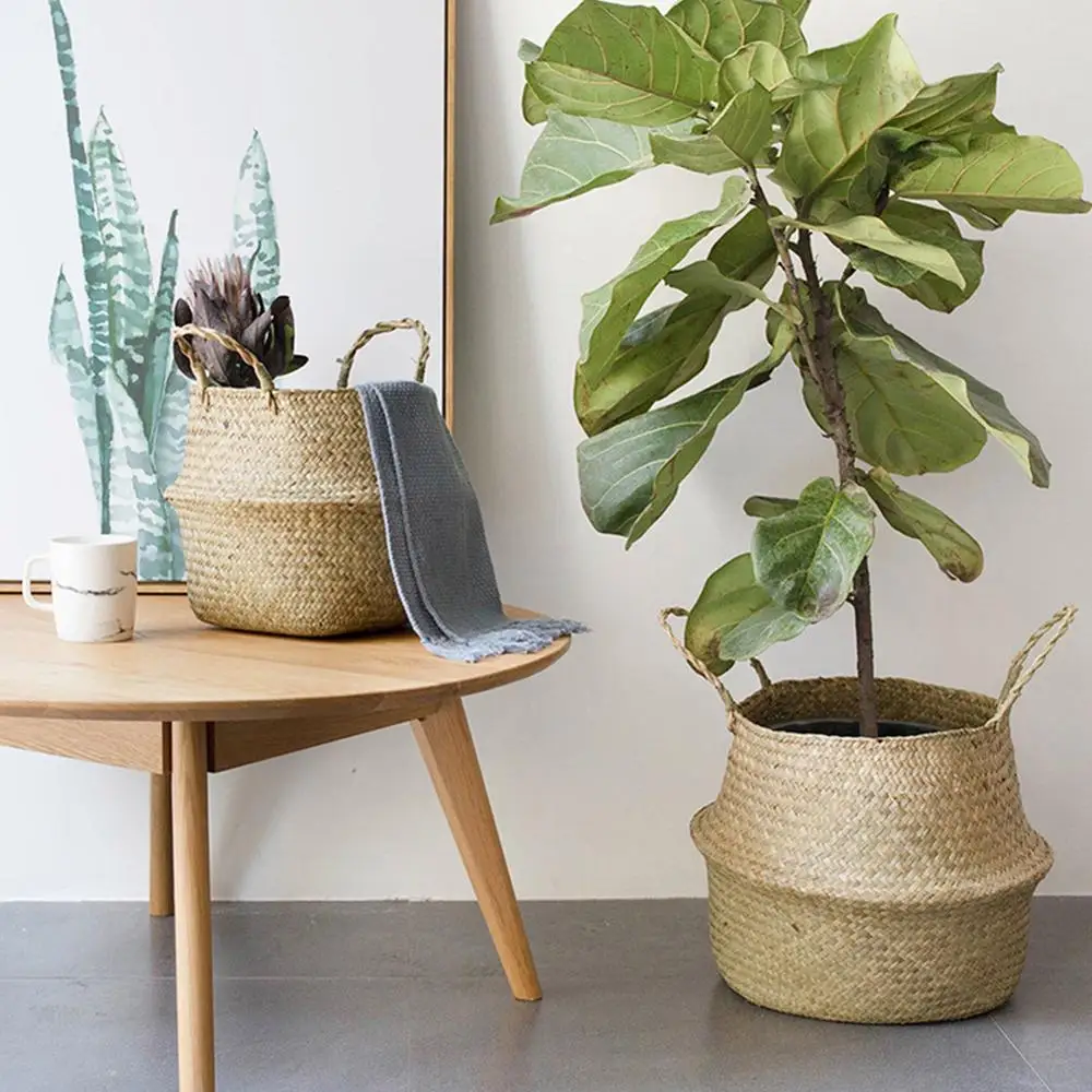 

Straw Foldable Hanging Rattan Flower Basket Handmade Wicker Plant Pot Planter Modern Flowerpot Home Decorative