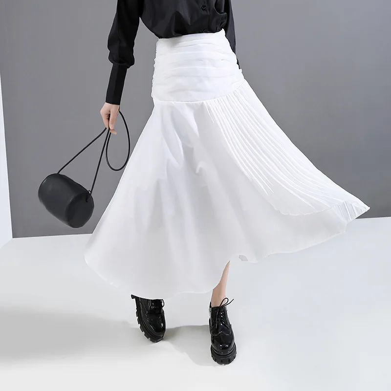 

XUXI Spring Autumn 2020 New High Elastic Waist White Pleated Asymmetrical Temperament Half-body Skirt Women Fashion Tide FZ0461