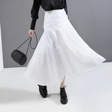 XUXI Spring Autumn 2020 New High Elastic Waist White Pleated Asymmetrical Temperament Half-body Skirt Women Fashion Tide FZ0461