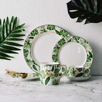 

Green flaver Plants Pattern Ceramic Tableware Porcelain Dinnerware Set Bone China Plate Mug