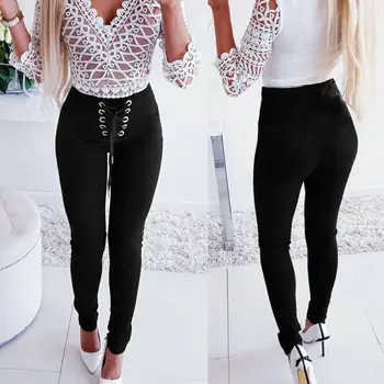 

Fashion Women Elastic High Waist Solid Long Pencil Pants Bandage Stretch Button Long Trousers Slim Women OL Pants