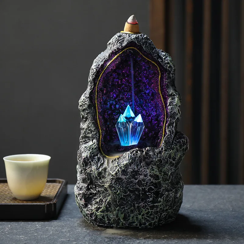 Glowing Crystal Backflow Incense Burners Smoke Fountain Waterfall Resin