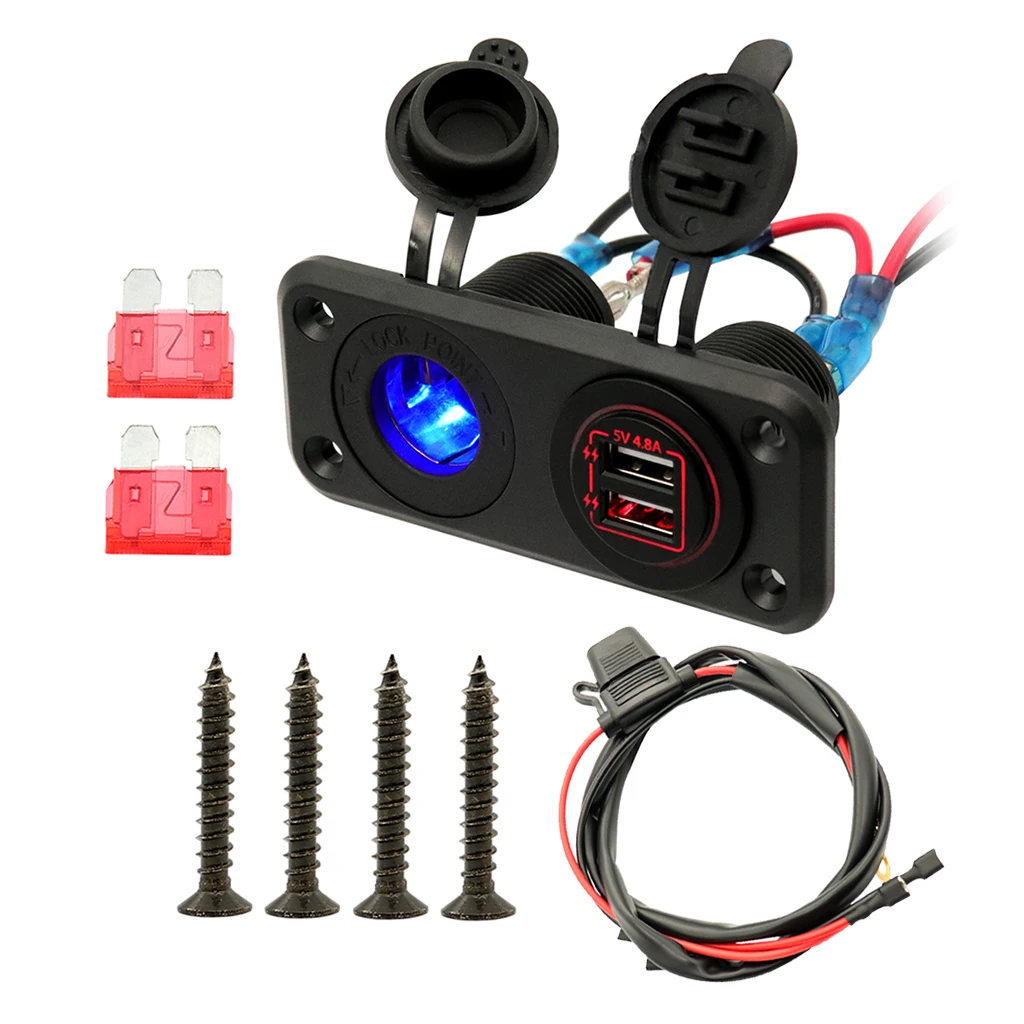 Car Charger 12V/24V Waterproof Dual USB Fast Charger Socket Power Outlet for Marine, Boat, Motorcycle, Truck, Red Lights Color