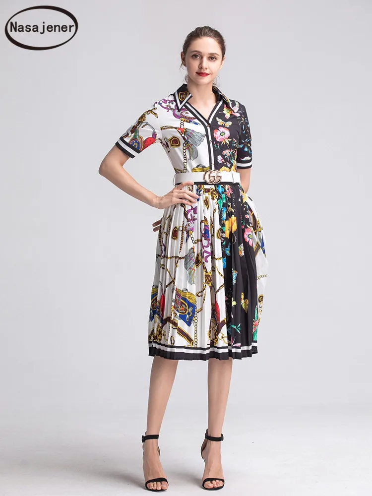 

2020 Fashion Rrunway Spring Summer V-neck Dress Ladies Half-Sleeve Fower Print Waist Over The Knee Dress Elegant Party Dress