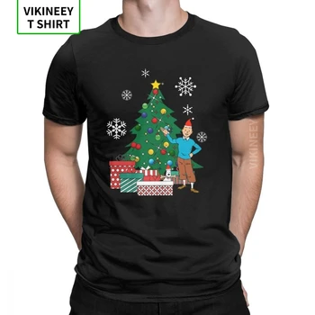 

Tintin And Snowy Around The Christmas Tree T-Shirt Men The Adventures of Tintin Cotton Tees Short Sleeve T Shirt EU Size Tops