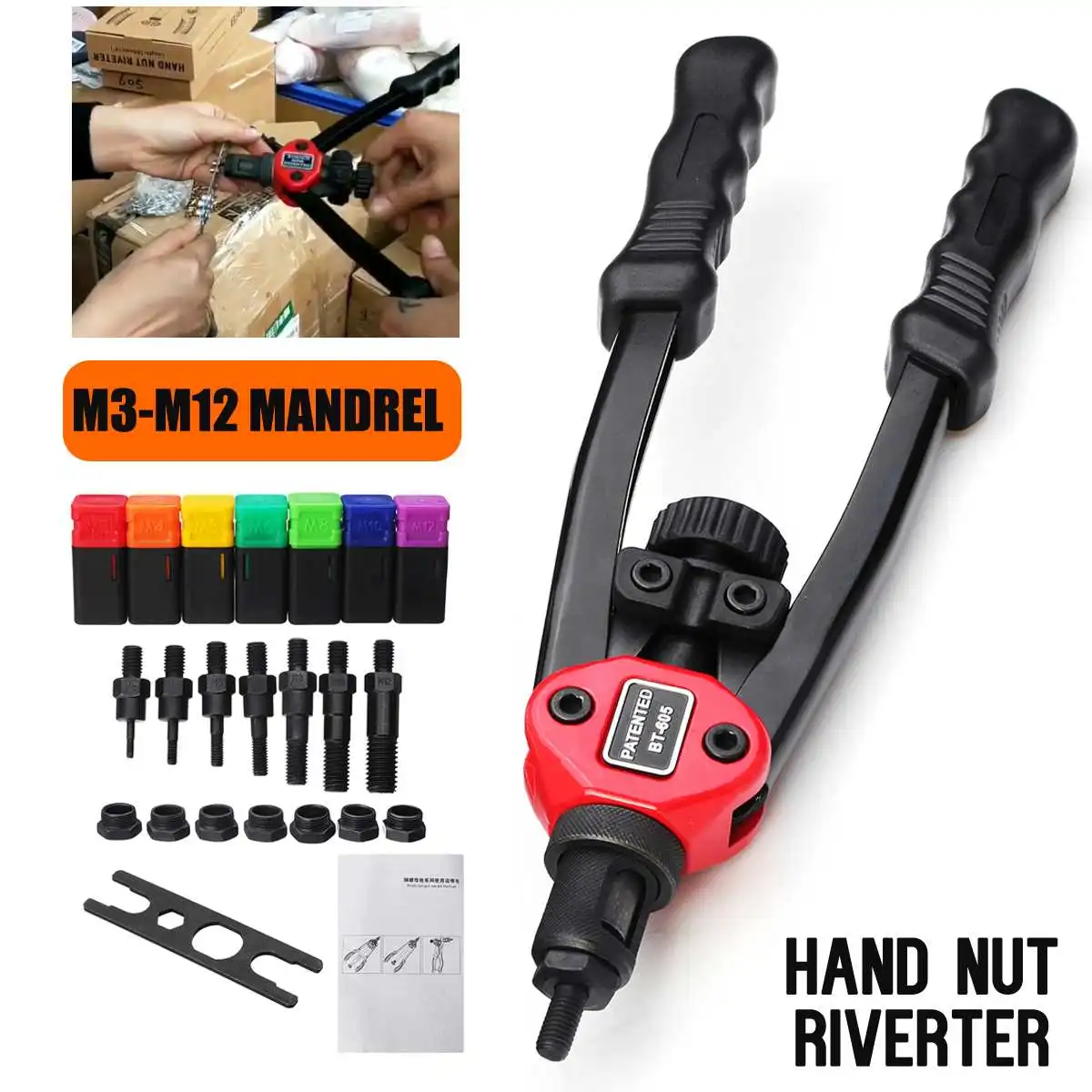 

Becornce 1Set Riveter Nut Guns Auto Rivet Tool BT-605 Hand Nut Riveter Guns M3 M4 M5 M6 M8 M10 M12 Mandrel Riveting Tool Kits