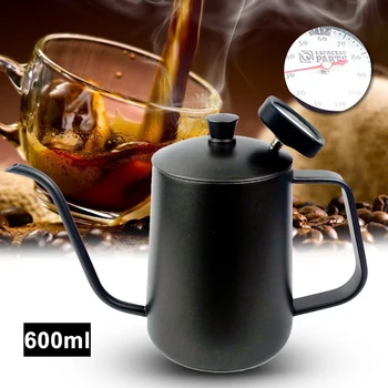 

600ml Teapot Stainless Steel Coffee Kettle Long Mouth Spout Tea-pot coffee pot with Thermometer Home Office Camping Wild Pot Set