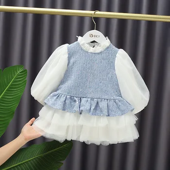 

Winter Children Kids Thick Fleece Puff Sleeve Ruffles Collar Patchwork Mesh Princess Party Girls Tutu Dress Vestidos