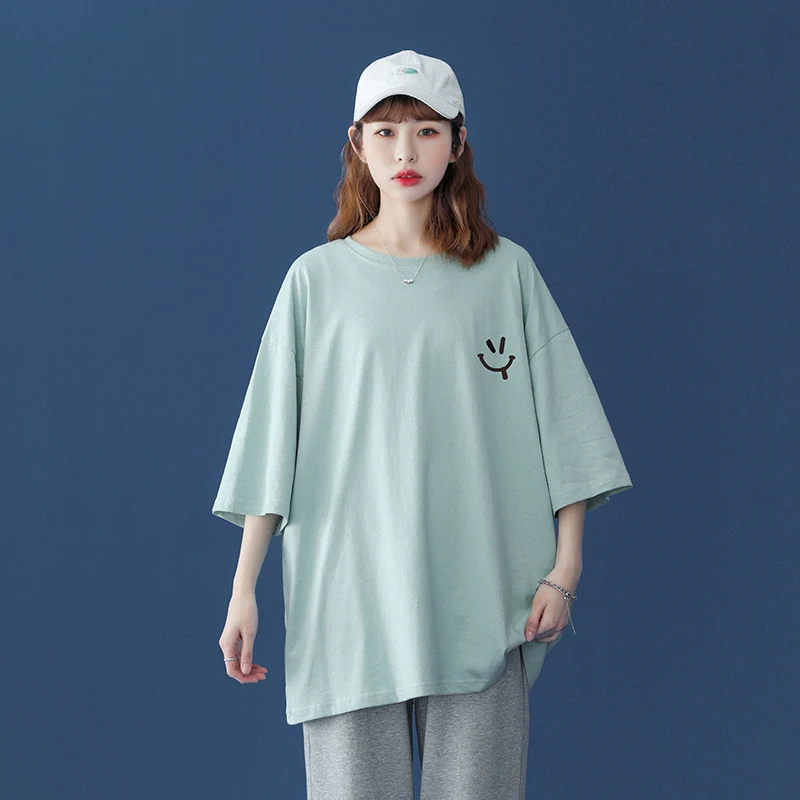 Camisetas de manga corta con estampado de cara sonriente para mujer, ropa de algodón Unisex, camisetas para amantes de talla grande, verde claro