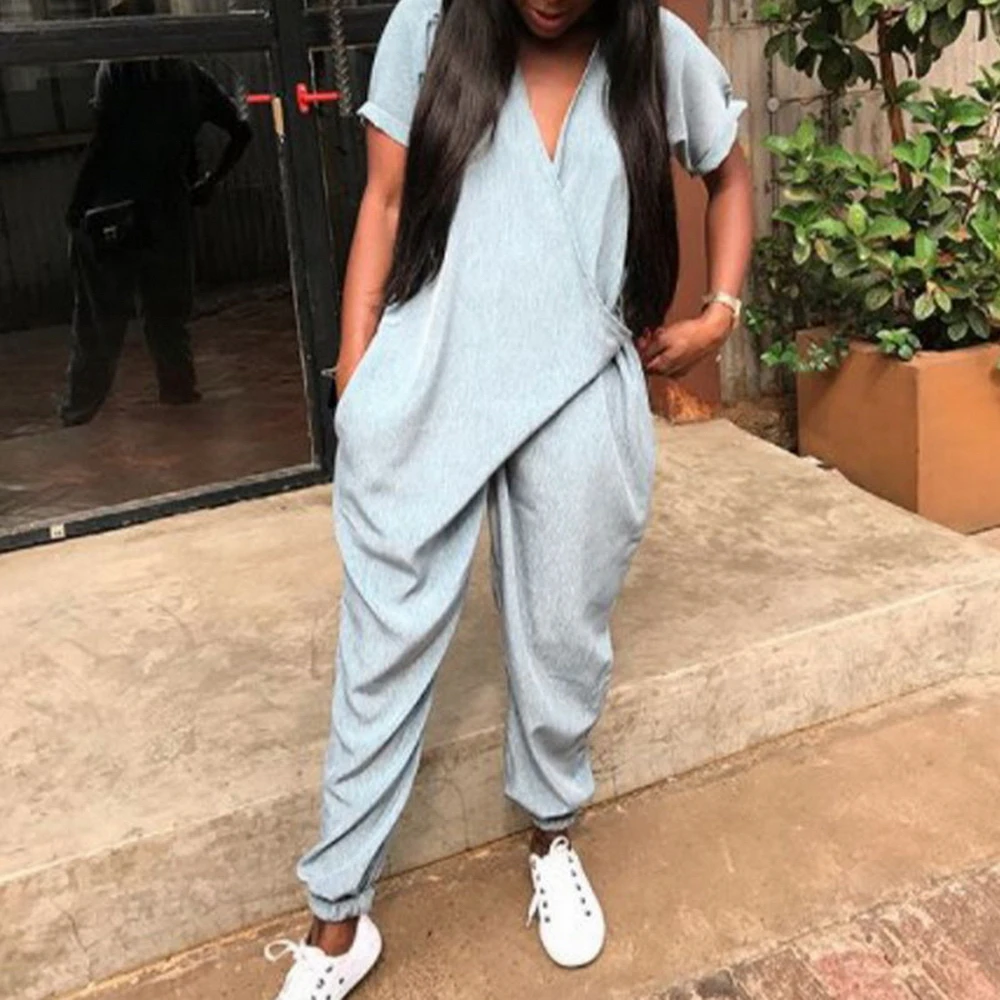 

Women Baggy Jumpsuits 2020 Summer Plus size Ladies Overalls Fashion V Neck Wrap Waist Playsuits Female Short Sleeve Rompers