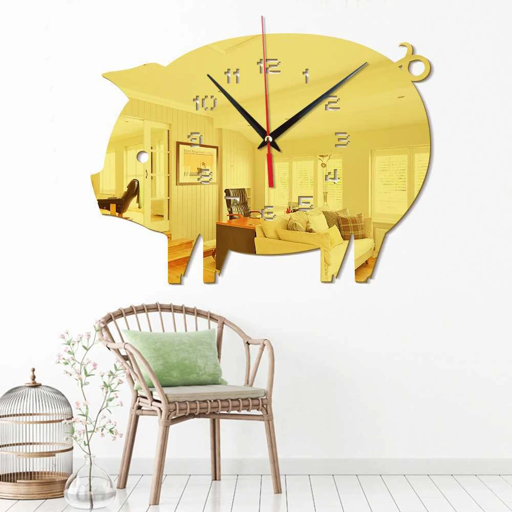 

Cute Pig Wall Clock DIY 3D Decorative Wall Sticker Home Decor Clock Living Room Home Decoration Mirror Wall Sticke