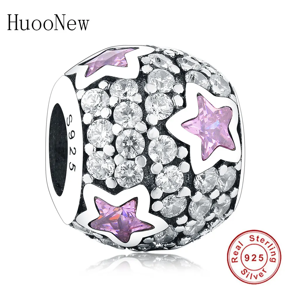 New 925 Sterling Silver Pink CZ Star Charm Beads With Clear Fits Original Charms Bracelets Bangles DIY Jewelry Making | Украшения и