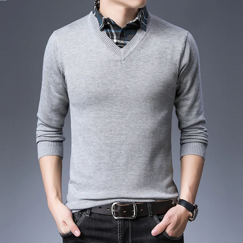 Повседневные мужские свитера бренд Slim Fit сплошной цвет пуловер с вырезом в виде буквы V длинный рукав трикотаж модный мужской вязаный Классический Топ дизайн