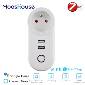 

FR ZigBee3.0 Dual USB Wireless Socket Plug SmartThings App Remote Control Echo Plus Voice Control Work with Alexa Google Home