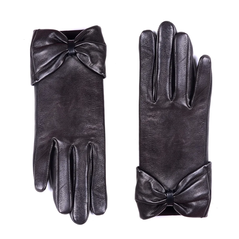Silk Lining Новые женские модные из натуральной кожи овчины с бантом тонкие связывающие короткие рукавицы - Цвет: Silk Lining