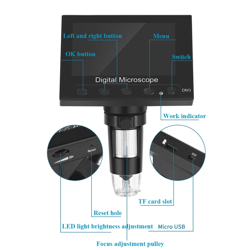 1000x4,3 дюймов цифровой микроскоп Портативный USB микроскоп HD OLED экран цифровой микроскоп экран Лупа увеличивать