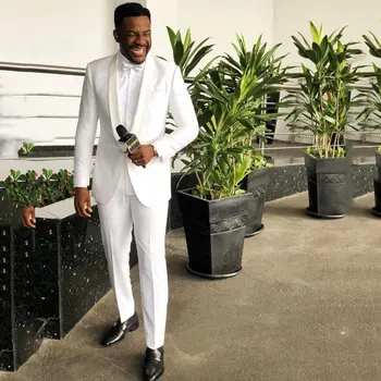 

White Formal Prom Men Suits Slim Fit Wedding Tuxedos Shawl Lapel Groomsman Suits Costume Homme Bridegroom Blazer 2Pcs
