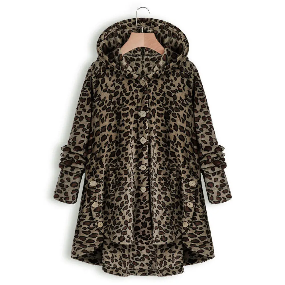 Women Winter Leopard Coat Teddy Fleece Hooded Fluffy Cardigan Oversize 5XL Loose Jacket Luxury Faux Fur Coats