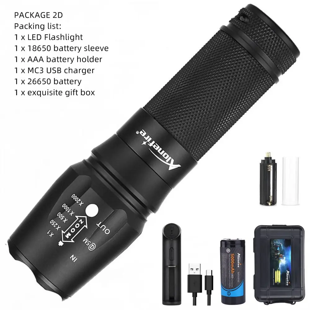 Package 2D AloneFire X800 XM-L T6 L2 5000лм алюминиевый водонепроницаемый Zoomable CREE светодиодный фонарь для AAA 18650 26650 перезаряжаемый аккумулятор - Испускаемый цвет: Package 2D