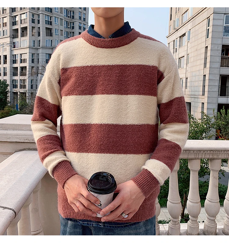 Осень и зима новые полосы корейские мужские тренд Ins джемпер свободные тонкие линии Повседневный свитер