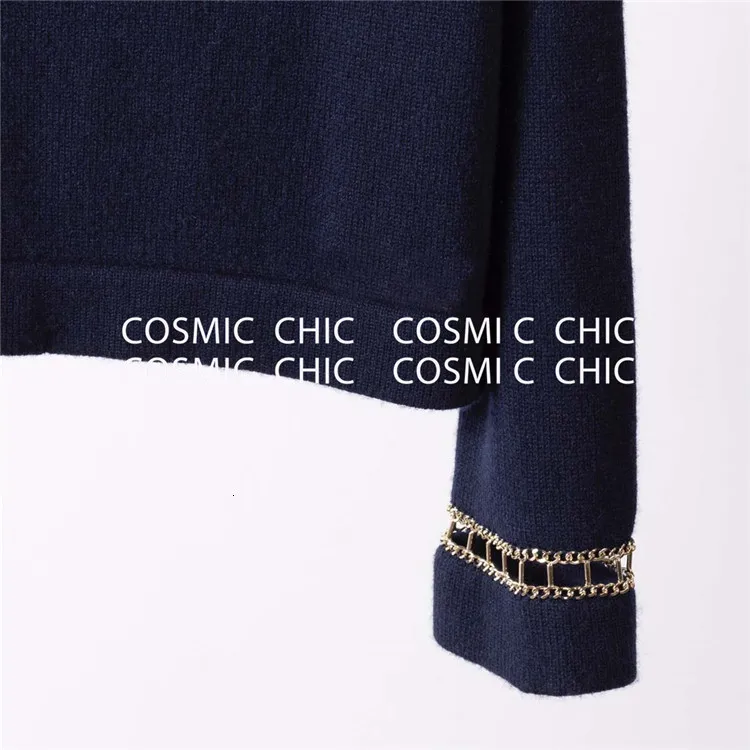 Cosmicchic, Женский кашемировый пуловер для подиума, свитер, темно-синий, длинный рукав, с полой цепью, с воротником, вязаный джемпер