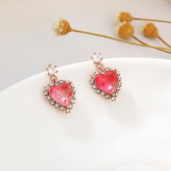 

MENGJIQIAO Korean Cute Elegant Pink Crystal Heart Drop Earrings For Women Students Delicate Micro Paved Pendientes Jewelry