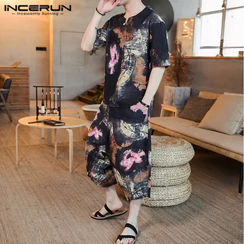 

Summer Men Chic Print Half Sleeve T-shirt+Calf-length Pants Casual Set Retro Fashion Street Comfort Baggy Mens Suits INCERUN 7