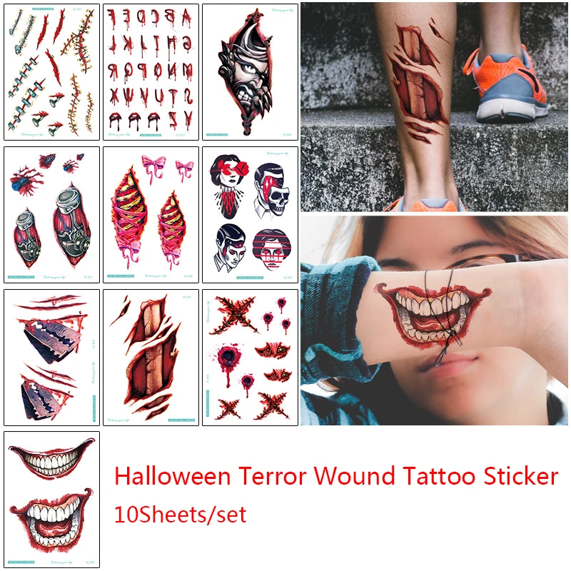 10 Sheets Halloween Tattoo Sticker Wound Scar Bruise Decoration Zombies Cosplay New Fashion