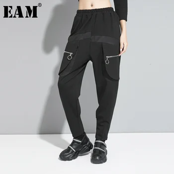 

[EAM] High Elastic Waist Black Zipper Split Joint Harem Trousers New Loose Fit Pants Women Fashion Tide Spring Autumn 2020 1S264