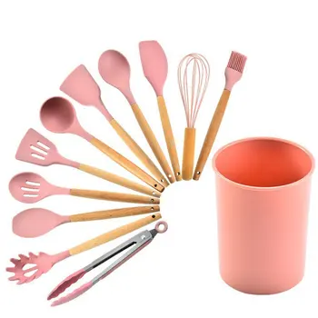 

Wooden Handle Kitchenware Spoon Salvage Scraper Shovel Food Clip Brush 11 Pieces Pink Silica Gel Kitchen Supplies