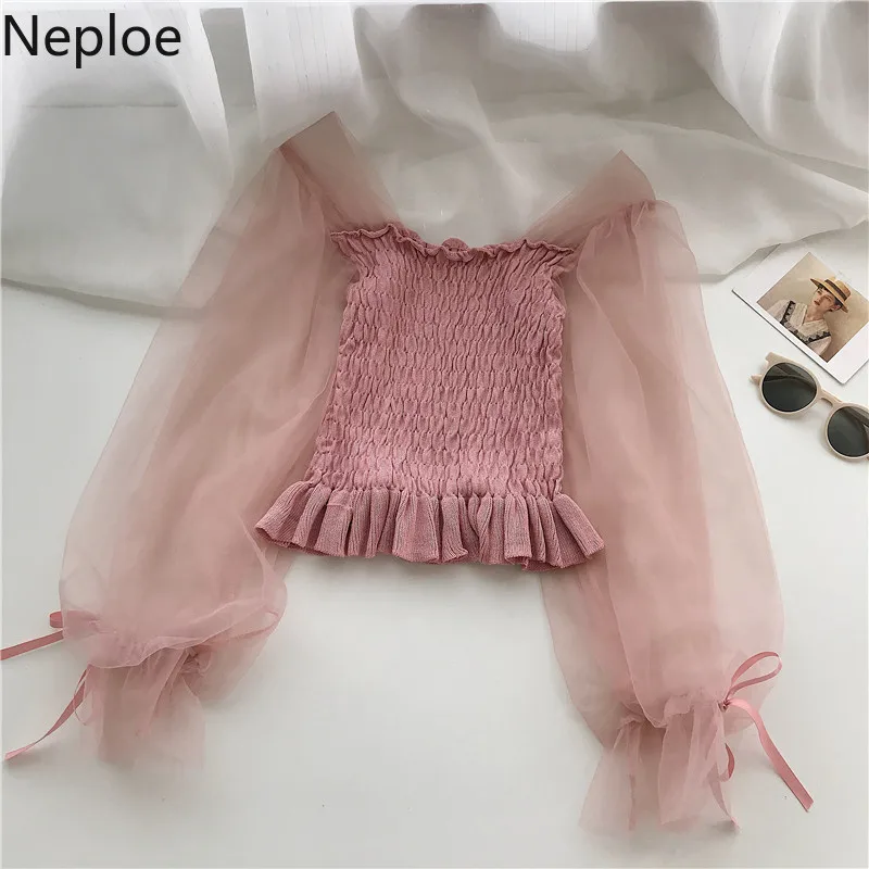 

Neploe Vintage High Waist Short Blouse Stretch Slim Ruffles Women Shirt 2020 Gauze Lantern Sleeve Patchwork Blouses Blusas 55811