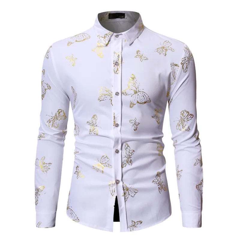 

Butterfly Printing Pattern Loose Long Sleeve Men's Spring and Autumn 2019 New Casual Chemise Homme Slim Fits Shirts for Male