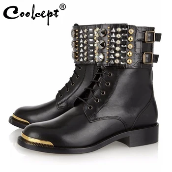 

Coolcept Women Ankle Boots Crystal Buckle Punk Rivets Motorcycle Boots Round Toe Autumn Winter Women Footwear Plus Size 34-46