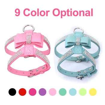 

Shining Diamonds Dog Harness Adjustable Soft Leash Suit Vest Suede Fabric Bow Rhinestone Pet Collar Harnesses For Dogs Products