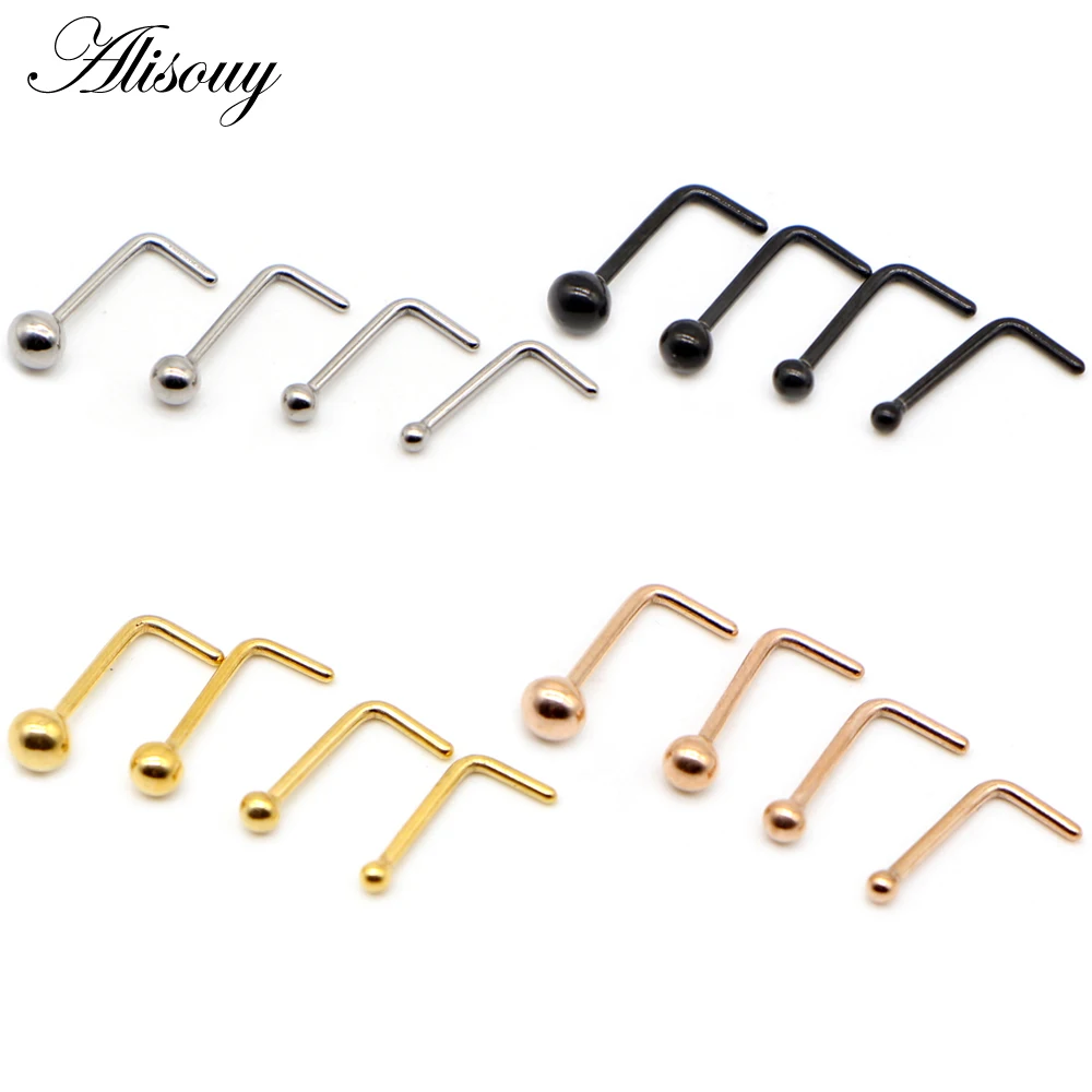 Alisouy 1pc nariz studs bola redonda nariz anéis l-forma cor de ouro narina de aço inoxidável nariz piercing corpo jóias para mulher