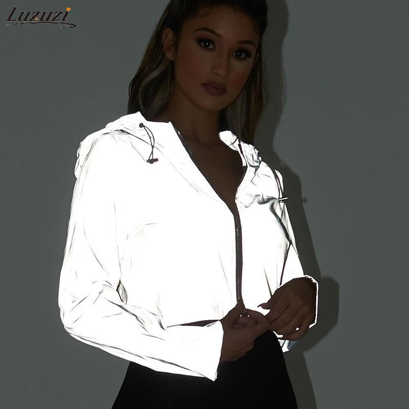 

Luzuzi 2019 Spring New Reflective Female Jacket Casual Sport Hooded Short Coat Women Crop Top Casaco Feminino Manteau Femme