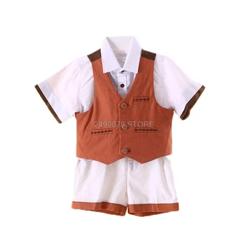 

Boys Summer Birthday Dress Formal Party Suit Kids Violin Piano Performance Costume Flower Boys Wedding Suit Shirt Vest Shorts