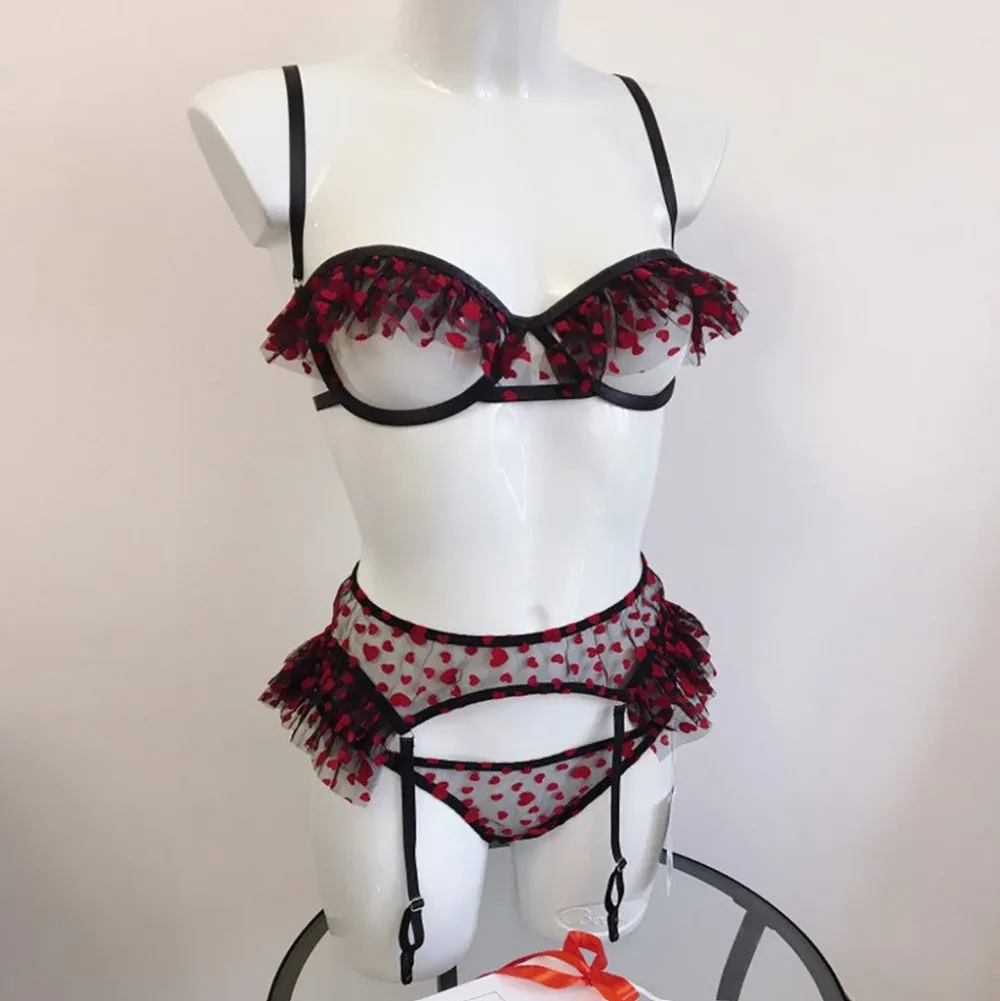 Sexy bikini three-piece lace sexy lingerie set of three bras + panties + garter wine red sexy bikini free shipping 40A1 (10)