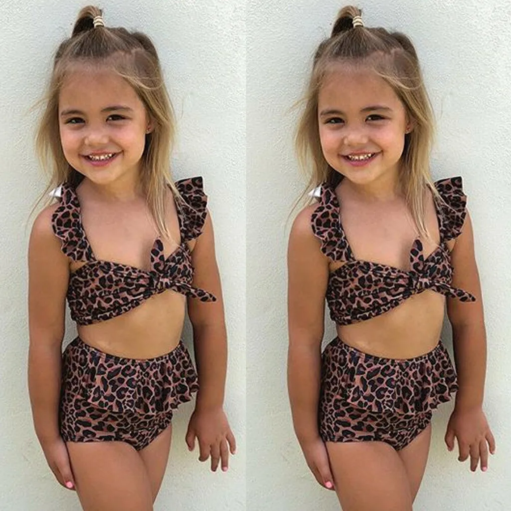 

Children's swimsuit new fashion girls leopard bikini swimwear ruffle bandage swimsuit beachwear 2020 baby girl swimwear summer