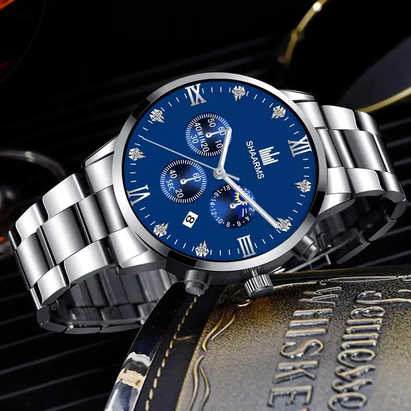 Shaarms Mens Watches Luxury Alloy Case Roman Numeral Display Date Dial Quartz Wristwatch Casual Business Watch Man Clock