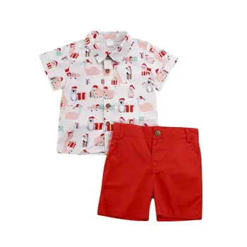 

Christmas toddler boy suit short sleeve cartoon printed inch shirt red shorts fashion cute baby boy clothes