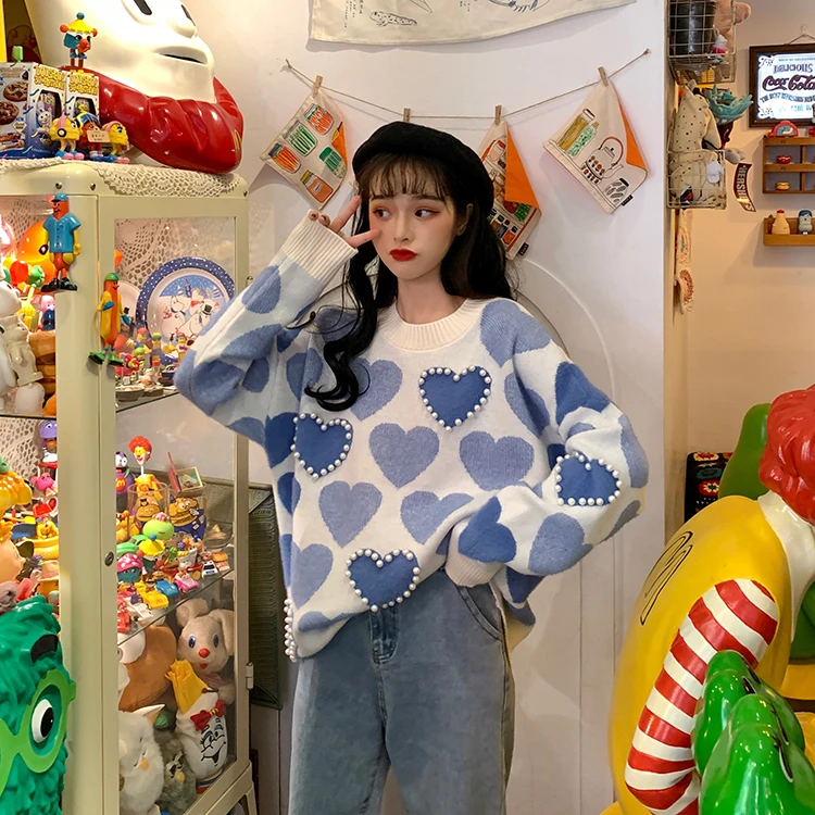 Korobov корейские женские свитера с жемчугом, винтажные пуловеры с длинным рукавом и круглым вырезом, Harajuku, большие размеры, Sueter Mujer 79178 - Цвет: blue