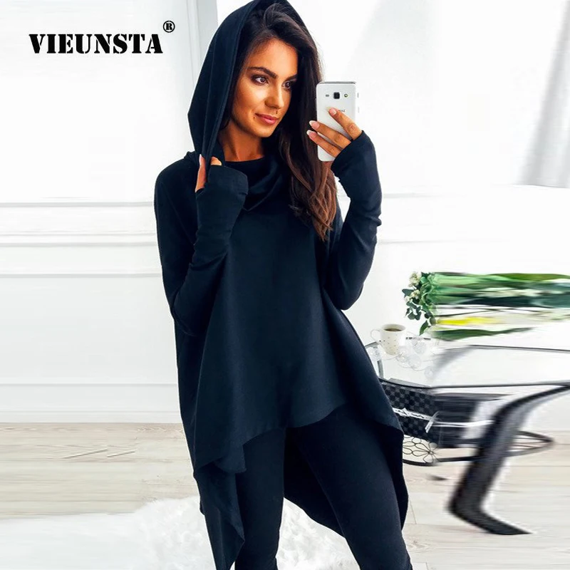 Viensta 2XL осень зима толстовка с капюшоном Твердые Длинные худи неправильной формы топ Повседневный длинный рукав карман свитер для женщин, пуловер