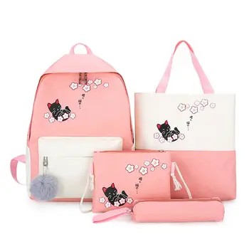 

4PCS/Set Woman School Bag Laptop Backpack Students Ribbons Backpacks Cute Cat Schoolbag For Teenagers Girls Book Bag Satchel