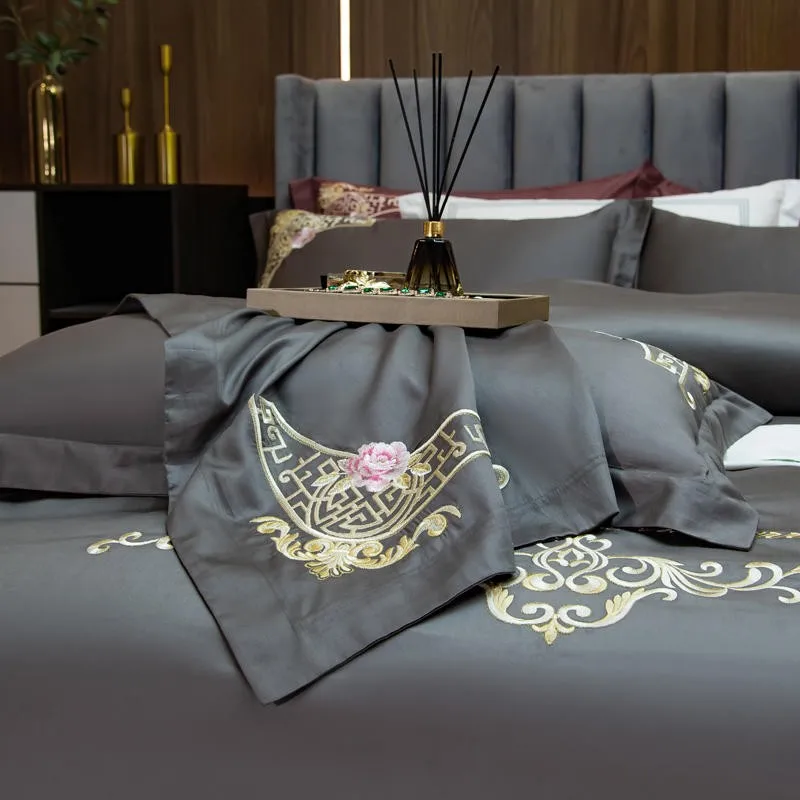 Chic Gold Embroidery 600TC Egyptian Cotton Duvet Cover Bedding Set