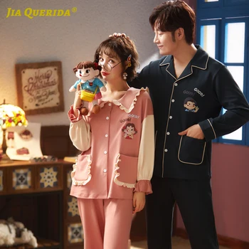 

New Pajamas Set Long Sleeve Long Pants Sleepwear Fashion Style Casual Homesuit Homeclothes Turn Down Collar Man and Woman Pj Set