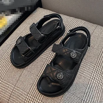 

Classic hook & loop flat heel summer leather sandals black sewing gladiatior beach shoes women