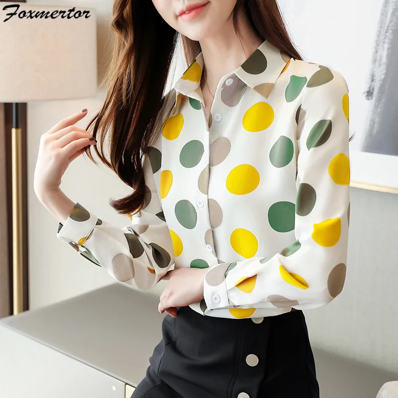Blusas Mujer, шифоновая женская блузка с длинным рукавом, модная рубашка в горошек, женские блузки, блузы, женские блузки, женские топы OL