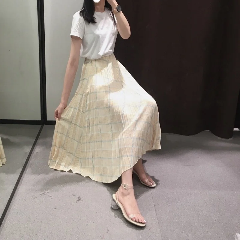 

Юбка женская плиссированная до середины икры, праздничная в клетку, с завышенной талией и широким подолом, модная брендовая уличная одежда, лето